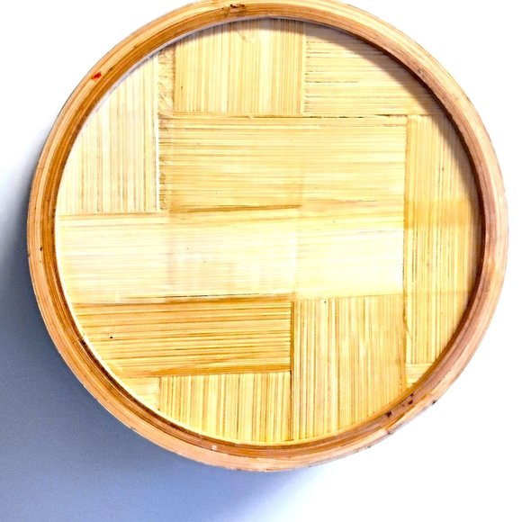 VTG Ribbed Bamboo Basket w/Lid ~ 7.25" Diam. Intricate 2-Tone Woven Inset ~ EVC! - Picture 6 of 12